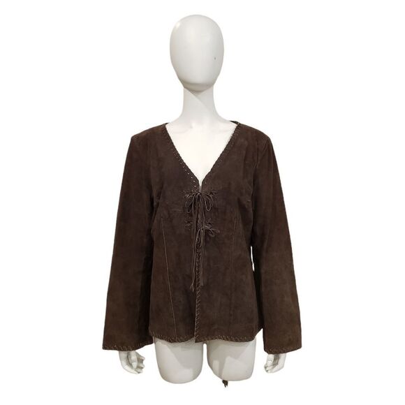 Faded Glory Brown South Western Boho Leather Jacket Front Tassle Closure - Picture 1 of 16